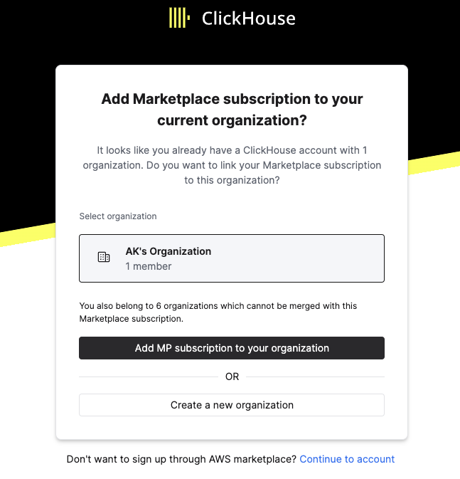 기존 조직에 마켓플레이스 구독을 연결하는 방법을 보여 주는 ClickHouse Cloud 인터페이스