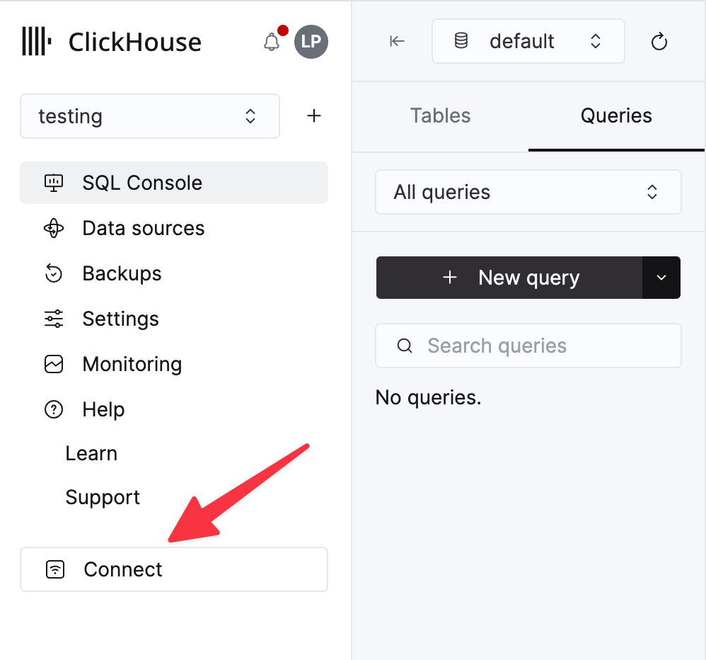 ClickHouse Cloud 콘솔에서 Connect 버튼의 위치