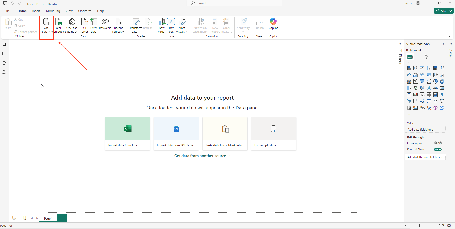 Get Data 버튼이 표시된 Power BI Desktop 홈 화면